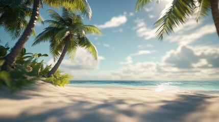 Aufkleber - A serene beach scene with palm trees and gentle waves under a bright sky.