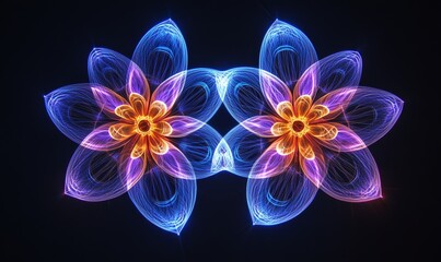 Poster - Glowing fractal flowers, dark background, digital art, design element