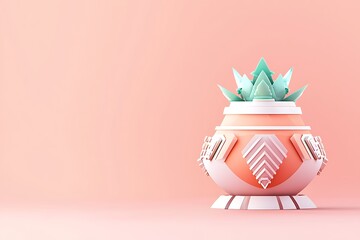 Poster - Geometrically stylized succulent in a peach and white planter against a pale pink background.