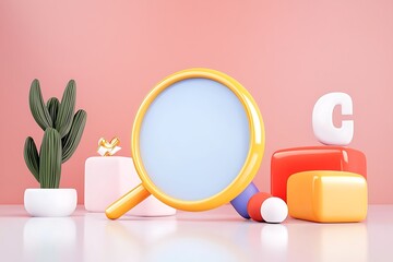 Poster - Abstract 3D Render of a Magnifying Glass with Colorful Geometric Shapes and Cactus