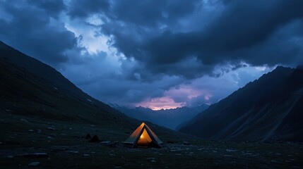 Poster - A serene camping scene at dusk with a lit tent amidst mountains and dramatic clouds.