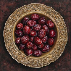 Wall Mural - Ornate bowl of dates, dark background, still life, food photography