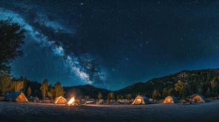 Poster - A serene camping scene under a starry sky with tents and a campfire.