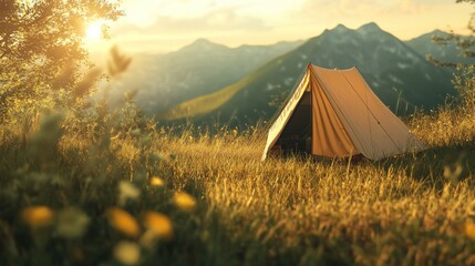Poster - A serene camping scene with a tent set against a backdrop of mountains and sunset light.