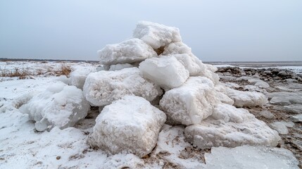 Wall Mural - Winter ice chunks piled on snowy beach, flat landscape background; nature photography