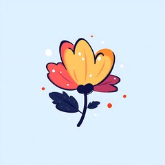 Poster - Stylized Abstract Flower with Warm Hues and Dark Green Leaves on Light Blue Background