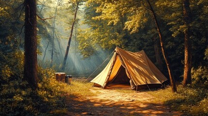 Poster - A serene camping scene with a tent surrounded by trees and soft sunlight filtering through.