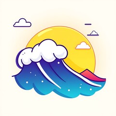 Poster - Stylized illustration of a large ocean wave breaking under a bright yellow sun.