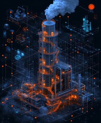 Poster - Isometric View of an Industrial Refinery with Network Connections