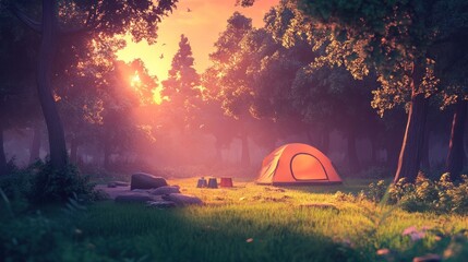 Aufkleber - A serene campsite at sunset, featuring a glowing tent surrounded by trees and nature.
