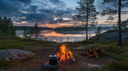 Poster - A serene campsite by a lake at sunset with a fire and cooking pot.