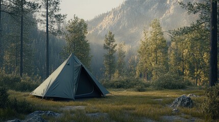 Aufkleber - A serene campsite featuring a tent surrounded by lush trees and mountains.