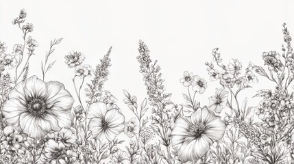 Wall Mural - Beautiful seamless floral water color pattern Set, watercolor wild flowers, leaves and grass,Collection botanic garden elements, isolated illustration in rustic or vintage style,copy space.