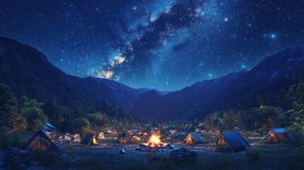 Poster - A serene campsite under a starry sky, featuring tents and a glowing campfire.