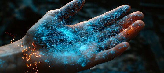 Poster - A hand enveloped in a glowing, intricate network of cyan and orange energy.