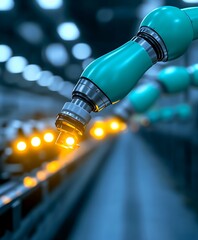 Poster - Teal Robotic Arm in Factory Setting Performing Precision Task