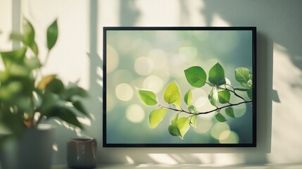 Poster - A serene framed image of green leaves with a soft, blurred background.