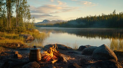 Aufkleber - A serene lakeside scene with a campfire, surrounded by trees and mountains at sunset.