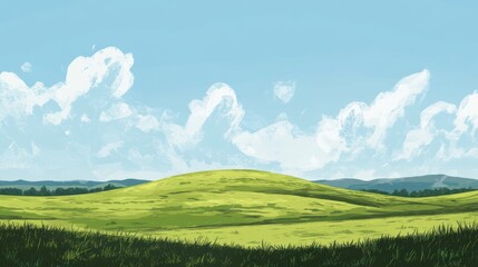 Poster - A serene landscape featuring rolling green hills under a bright blue sky with fluffy clouds.