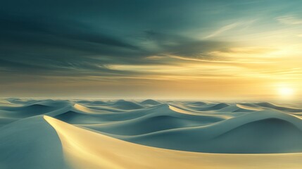Poster - A serene landscape of rolling sand dunes under a dramatic sky at sunset.