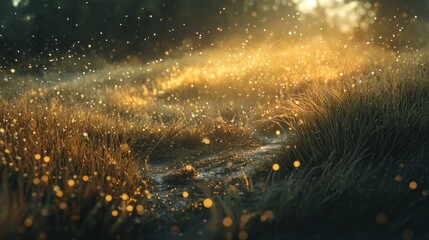 Aufkleber - A serene landscape with glowing particles in the air, evoking a magical atmosphere.
