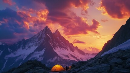 Poster - A serene mountain landscape at sunset with a glowing tent.