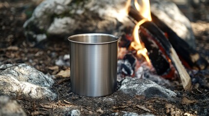 Poster - A stainless steel cup positioned near a campfire on rocky ground.