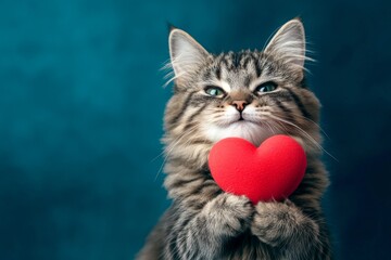 Promotion visual idea. Maine coon - my desired cat. Cute maine coon baby feline cub with domestic animal toy red heart - sign of love, funny greeting card. Romantic kitten picture. Fluffy cat.