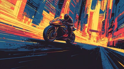 Poster - Night Rider:  Stylized Motorcyclist Speeding Through Neon Cityscape