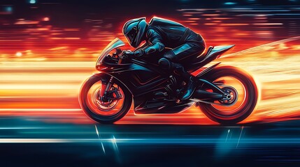 Poster - Night Rider: A lone motorcyclist speeds through a vibrant city at night.