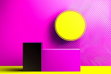 Poster - Abstract 3D Render of Geometric Shapes with Vibrant Pink, Yellow, and Black Color Palette