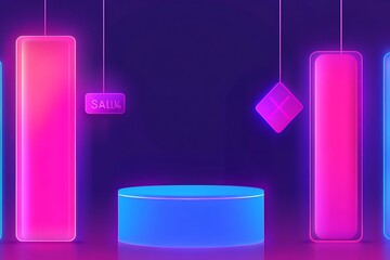 Poster - Neon-lit Product Display with Sale Sign and Geometric Shapes