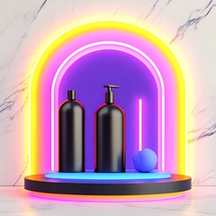 Poster - Black bottles and blue sphere on a neon-lit tiered platform against a marble backdrop.