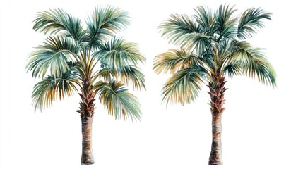 Two tropical palm trees, isolated on white, for design