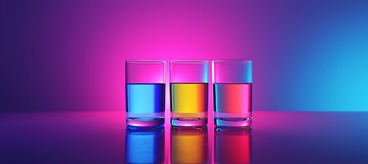 Poster - Three glasses filled with vibrant blue, yellow, and pink liquids against a neon background.