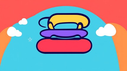 Poster - Stacked Colorful Shapes Floating Against a Blue Sky with Clouds