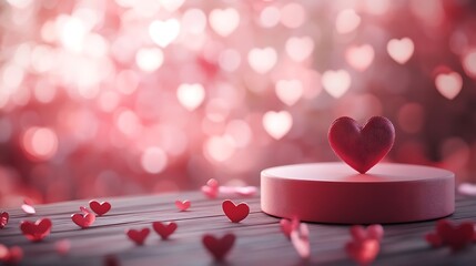 Poster - Red heart-shaped ornament on a round platform with bokeh background