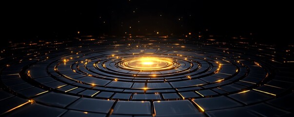 Poster - Glowing Circular Platform of Dark Metallic Tiles with Central Light Source