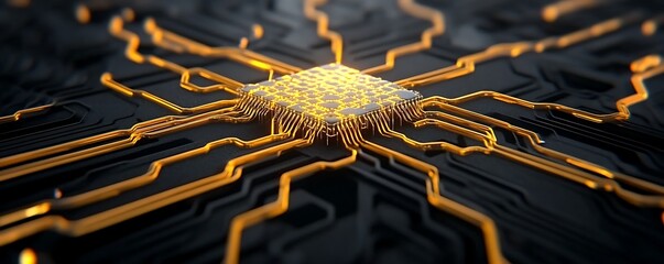 Poster - Illuminated Microchip with Gold Interconnects on Dark Circuit Board