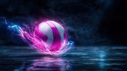 Wall Mural - Futuristic volleyball ball glowing with dynamic neon like energy and electricity suspended mid motion and splashing on a dark reflective water surface