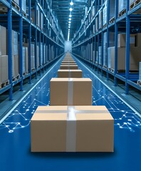 Poster - Cardboard Boxes on Automated Conveyor Belt in Modern Warehouse