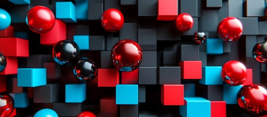 Poster - Abstract 3D Render of Red, Black, and Blue Spheres and Cubes