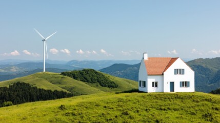 Wall Mural - Peaceful rural countryside house with wind turbine generating clean renewable energy overlooking rolling green hills and pastures in a scenic idyllic landscape