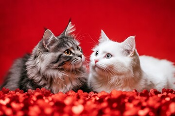 Wall Mural - Two fluffy cats on red sparkling background staring at each other