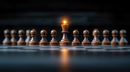 Wall Mural - An artistic chess composition featuring a wooden king piece illuminated by a candle, surrounded by pawns, symbolizing strategy and focus.