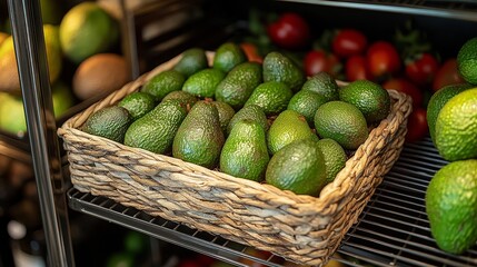 Wall Mural - Fresh avocados in wicker basket on market shelf displaying vibrant produce