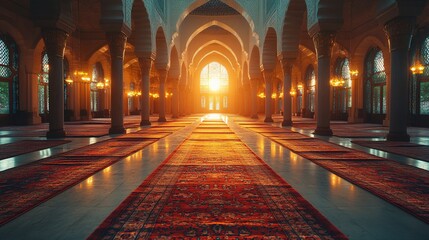 Wall Mural - A beautifully designed mosque interior illuminated by warm sunlight, featuring intricate arches, ornate chandeliers, and prayer rugs arranged for worship, creating a peaceful and spiritual atmosphere