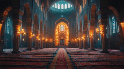 Wall Mural - A beautifully designed mosque interior illuminated by warm sunlight, featuring intricate arches, ornate chandeliers, and prayer rugs arranged for worship, creating a peaceful and spiritual atmosphere