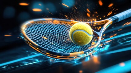 Wall Mural - Glowing Tennis Ball Colliding with Racket in Surreal Motion Explosion of Light and Energy on Tennis Court