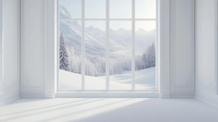 Wall Mural - A spacious empty room with large panoramic windows overlooking a snowy winter landscape, Empty room with windows